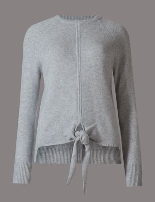Pure Cashmere Ribbed Tie Front Jumper